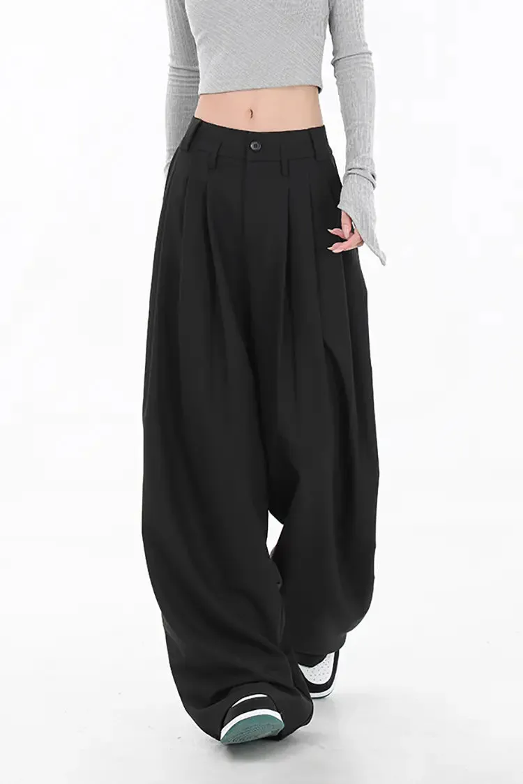 One-Button Loose Pleated Wide-Leg Pants