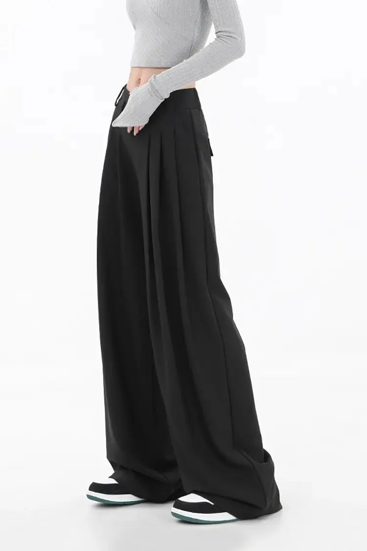 One-Button Loose Pleated Wide-Leg Pants