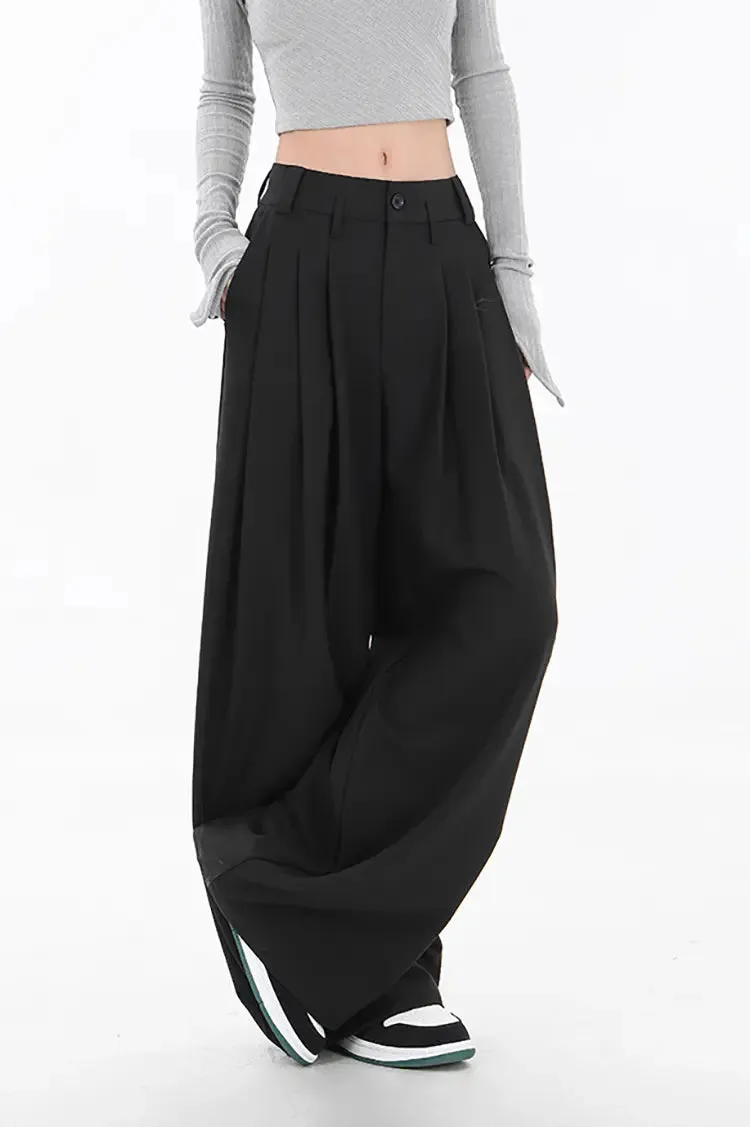 One-Button Loose Pleated Wide-Leg Pants