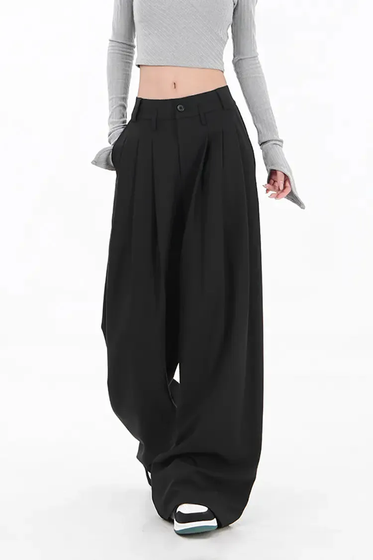 One-Button Loose Pleated Wide-Leg Pants