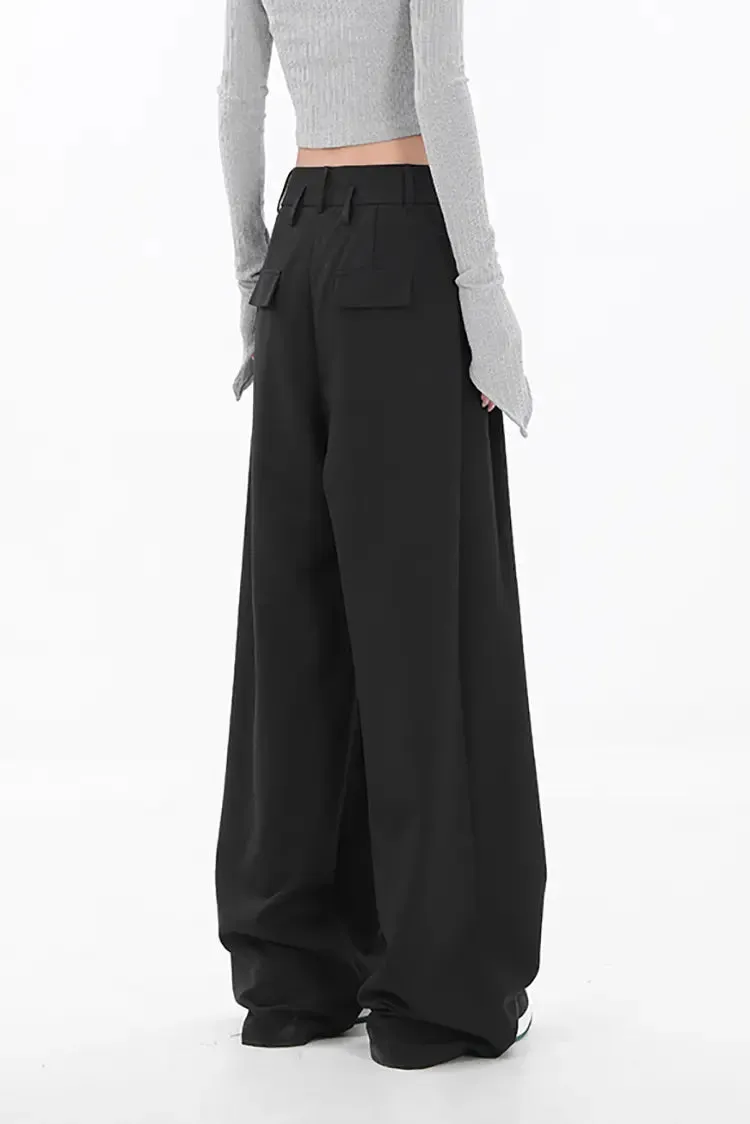 One-Button Loose Pleated Wide-Leg Pants