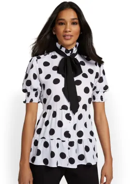 Polka-Dot Bow-Front Tiered Blouse