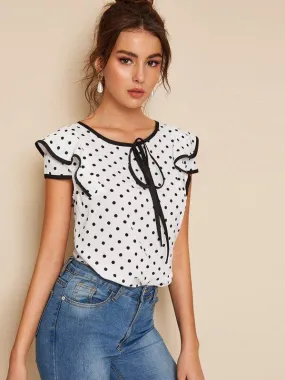 Polka Dot Piping Trim Blouse