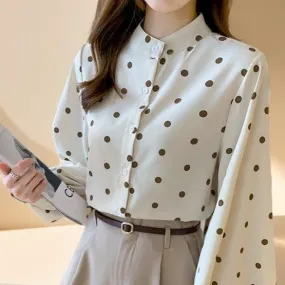 Polka Dot Stand-Up Collar Lantern Sleeve Shirt