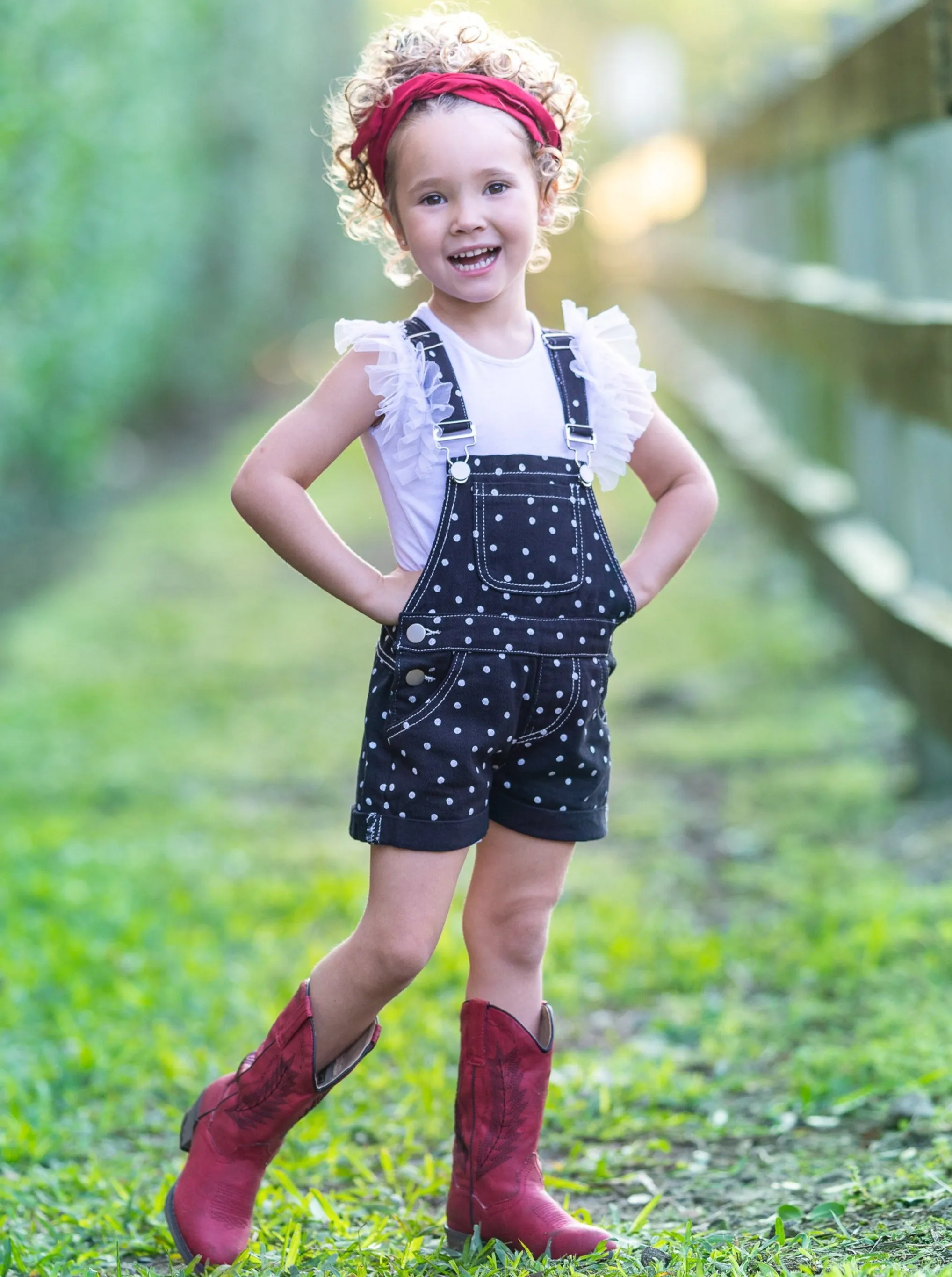 Posh Polka Dot Cuffed Denim Overalls