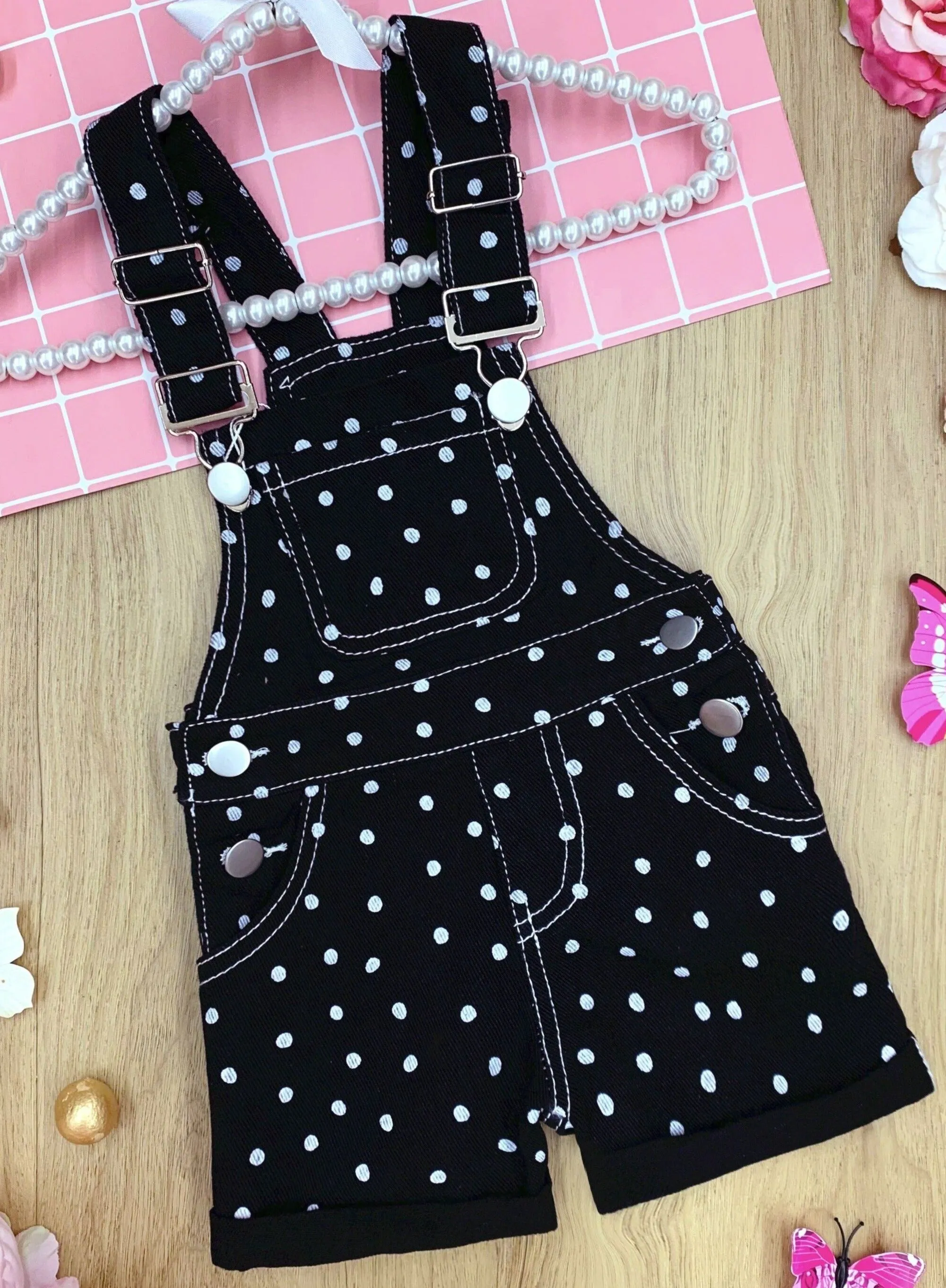 Posh Polka Dot Cuffed Denim Overalls