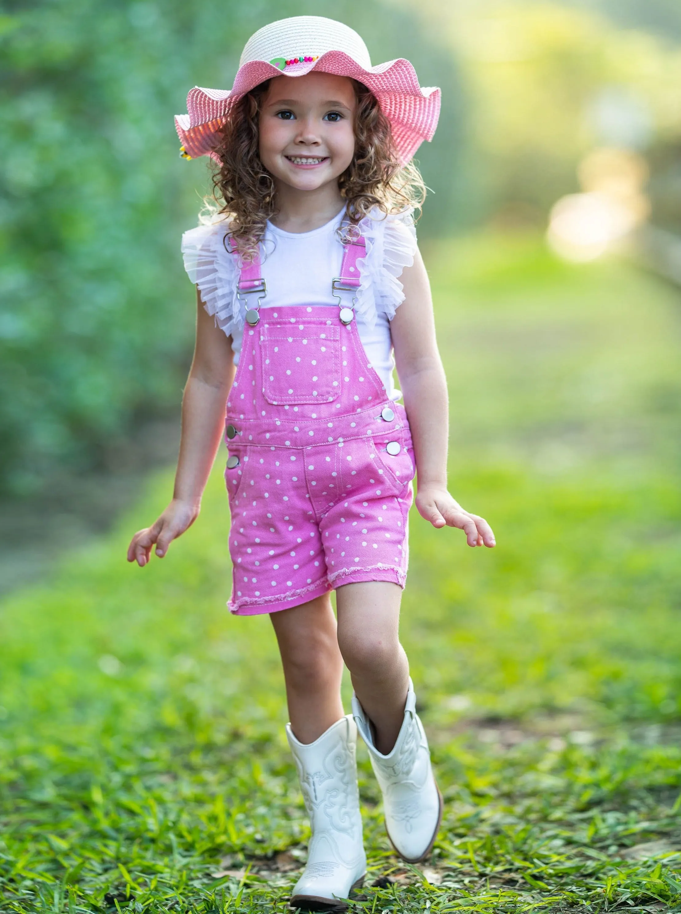 Posh Polka Dot Cuffed Denim Overalls