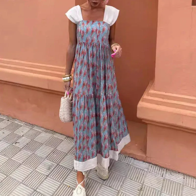 Printed Square Collar Elegant Stitching Beach Sexy Elastic Backless Pleat Floral Casual Dress