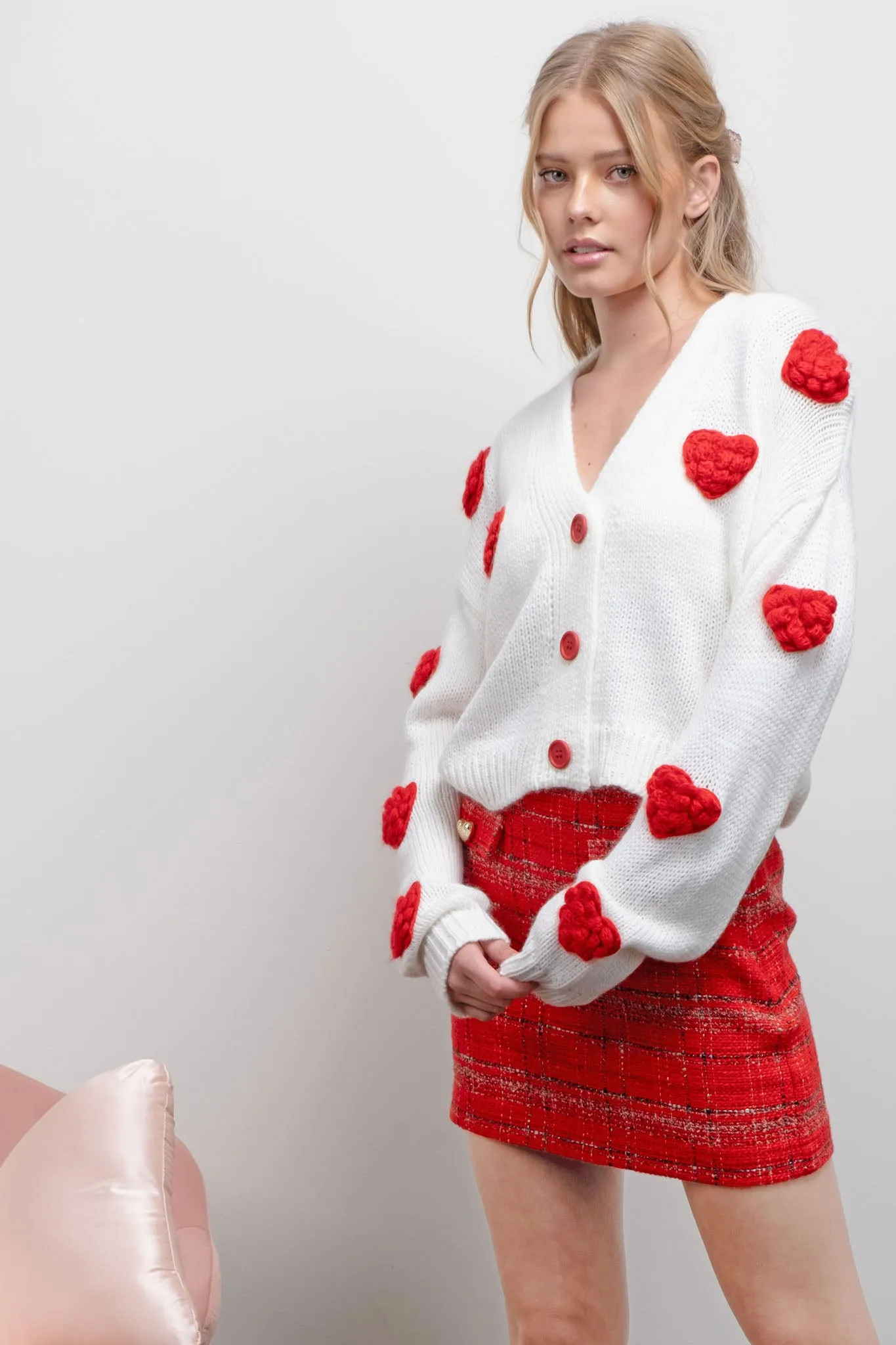 PUFF HEART BUTTON DOWN KNIT CARDIGAN