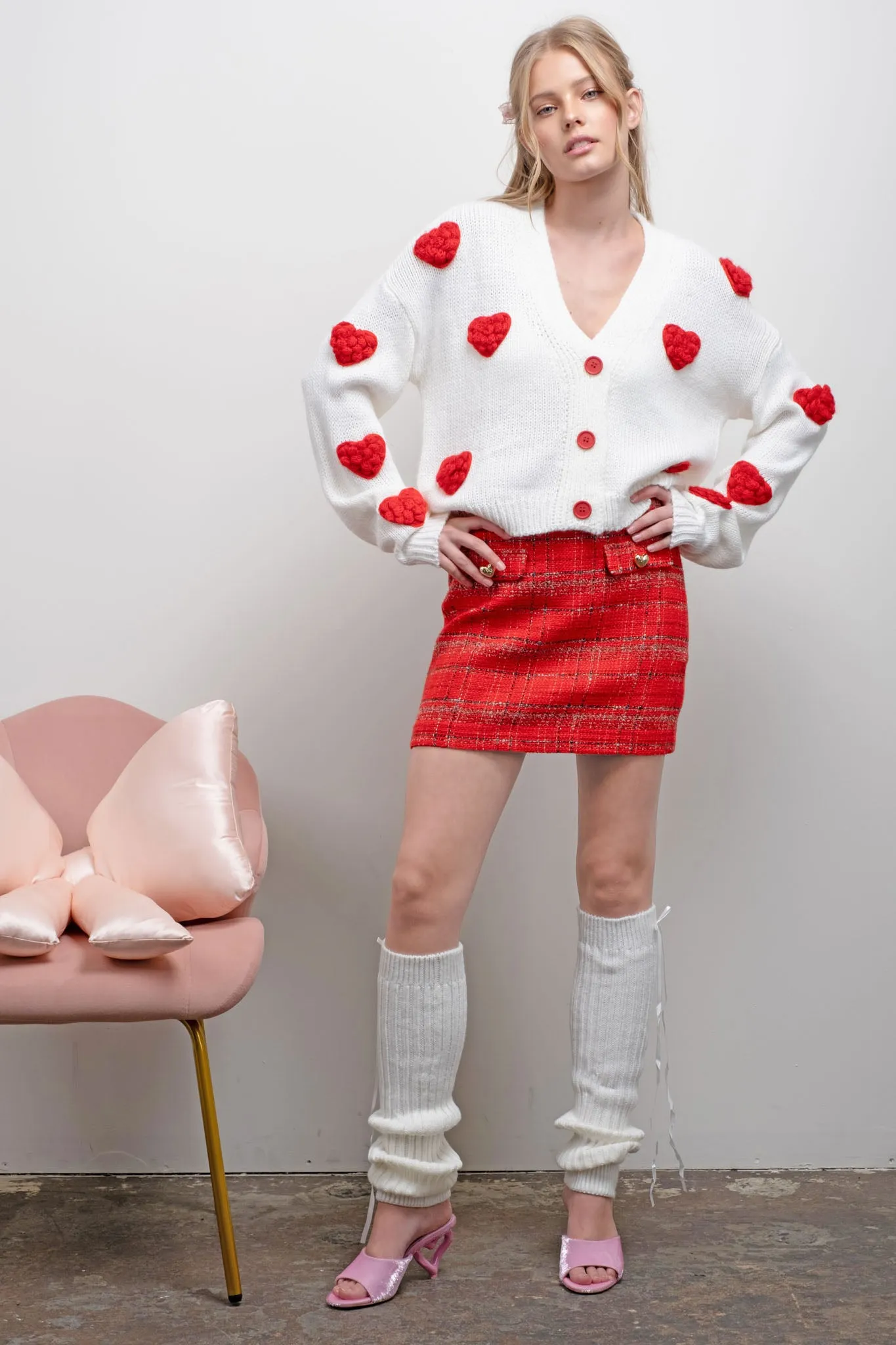 PUFF HEART BUTTON DOWN KNIT CARDIGAN