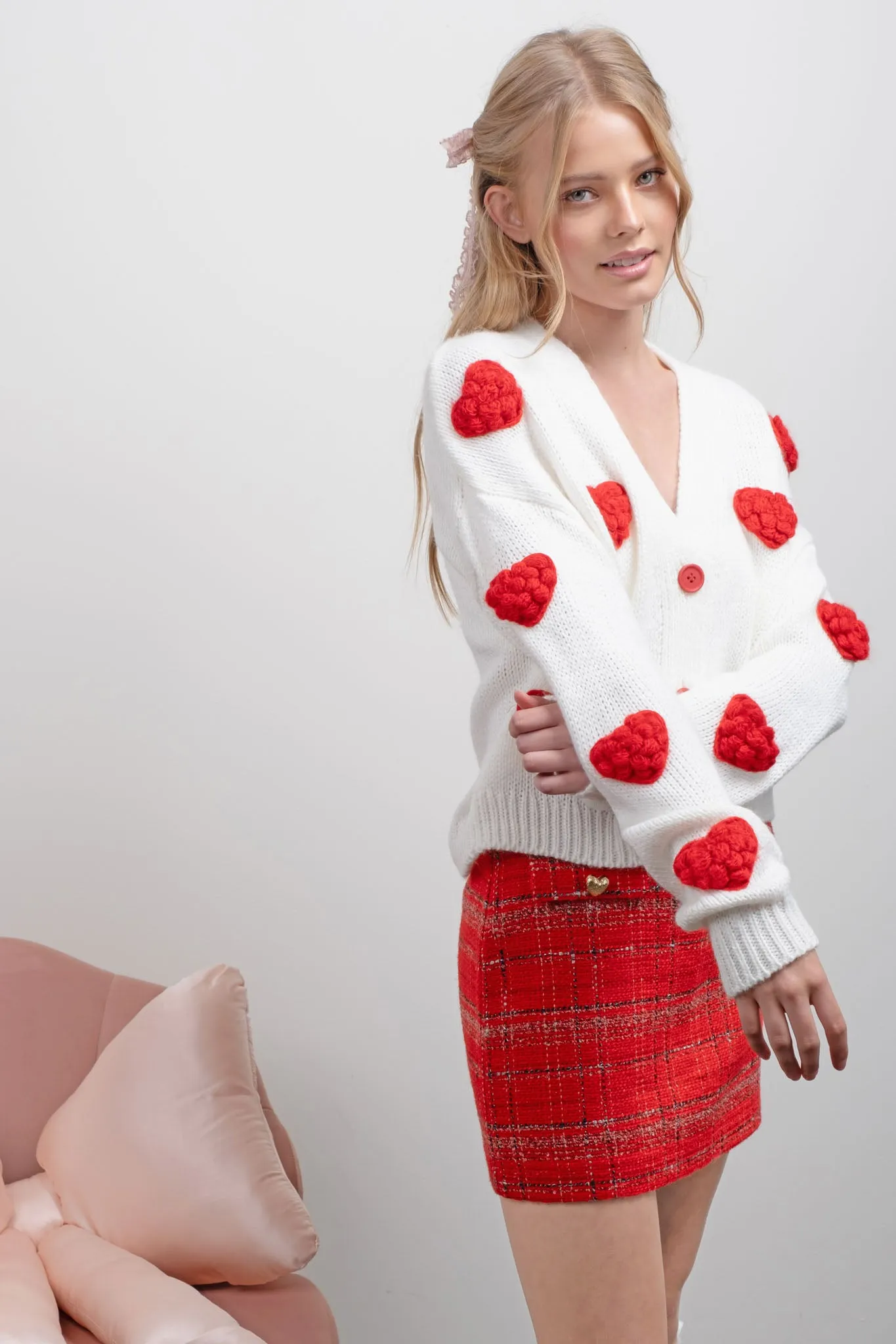 PUFF HEART BUTTON DOWN KNIT CARDIGAN