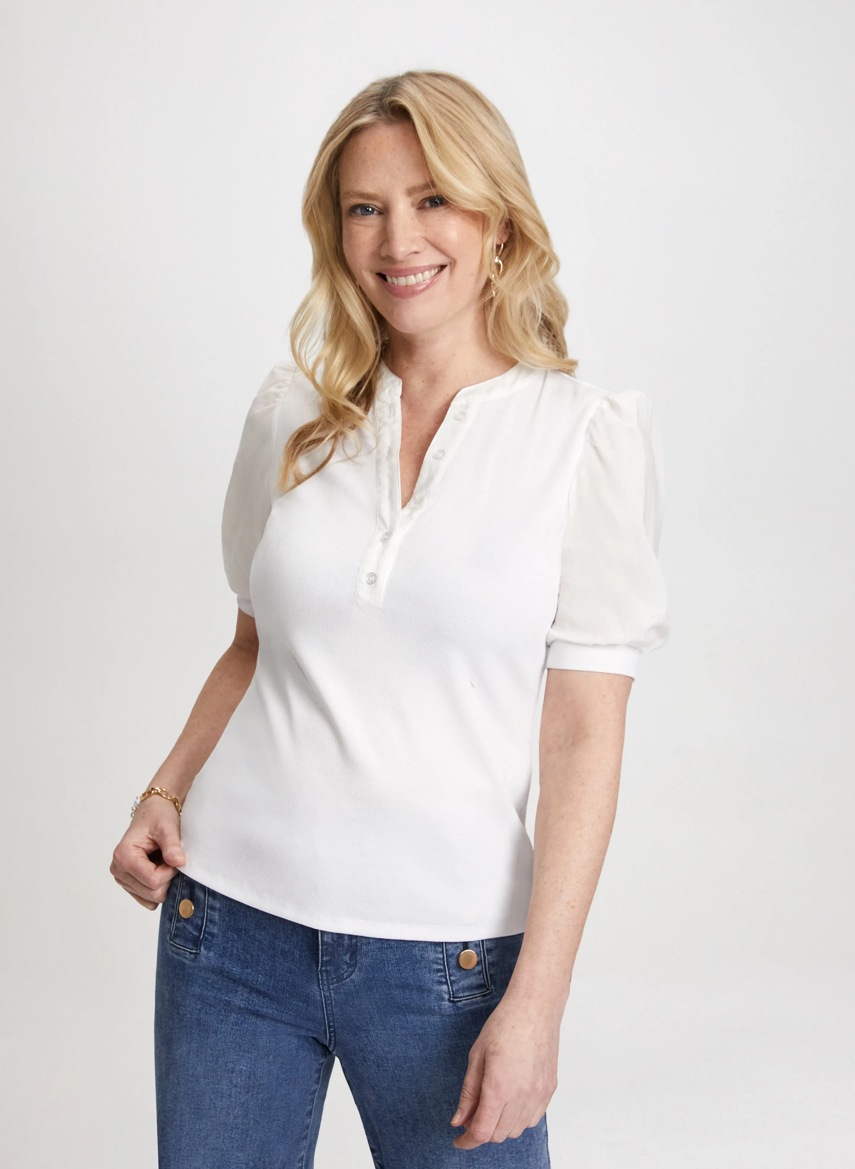 Puff-Sleeve V-Neck T-Shirt