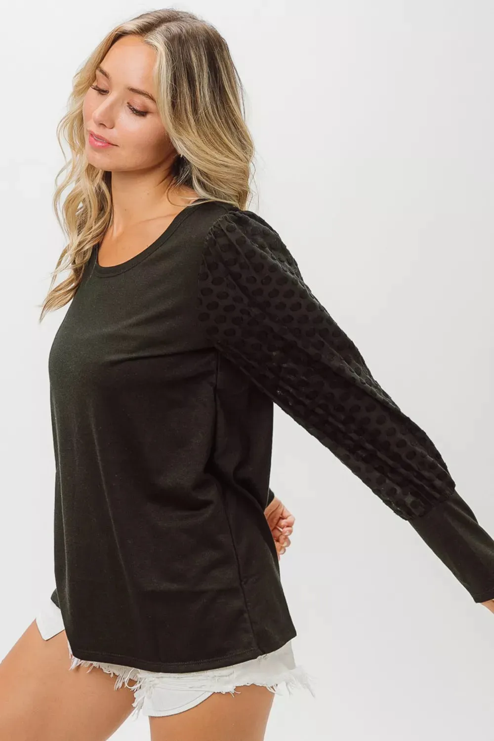 Round Neck Polka Dot Lantern Sleeve Top