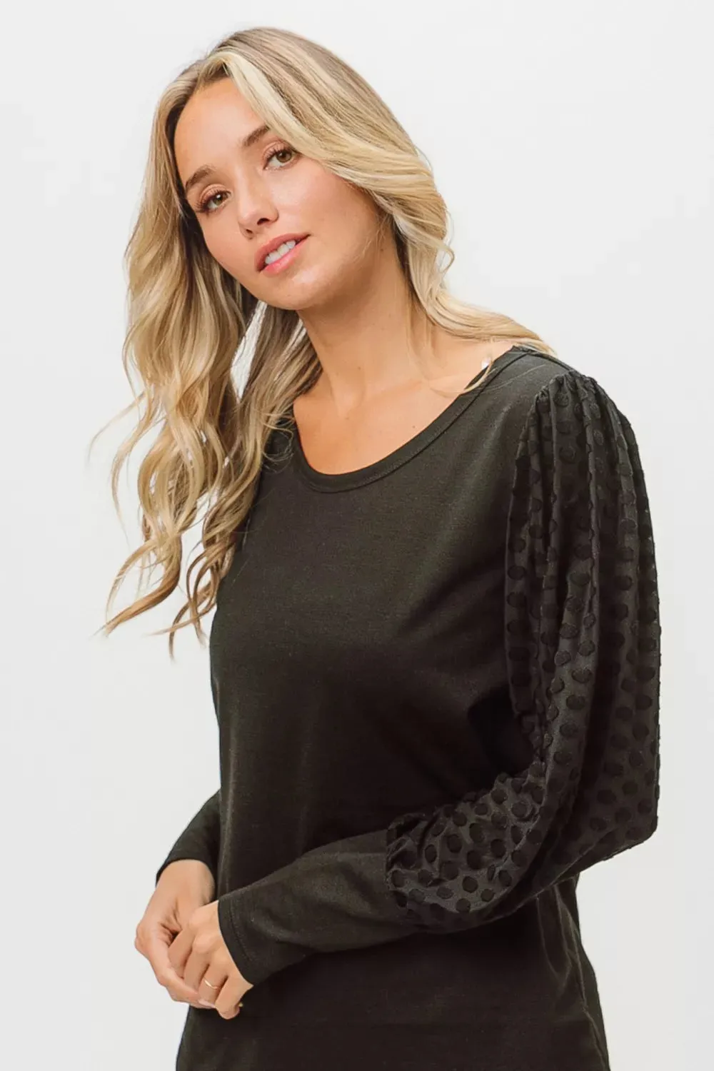 Round Neck Polka Dot Lantern Sleeve Top