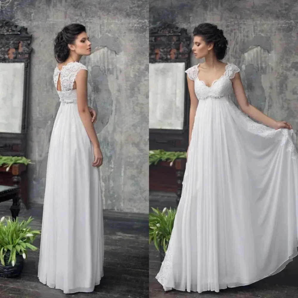 Scoop Neck Lace Capped Shoulder A-Line Wedding Dress