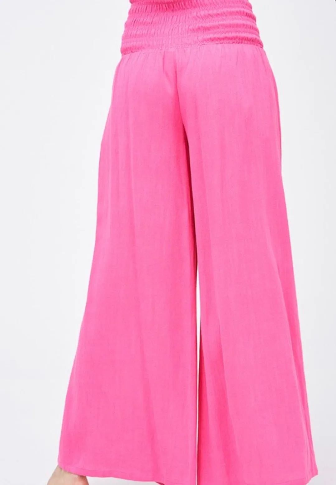 Smocked Wide Leg Linen Pants