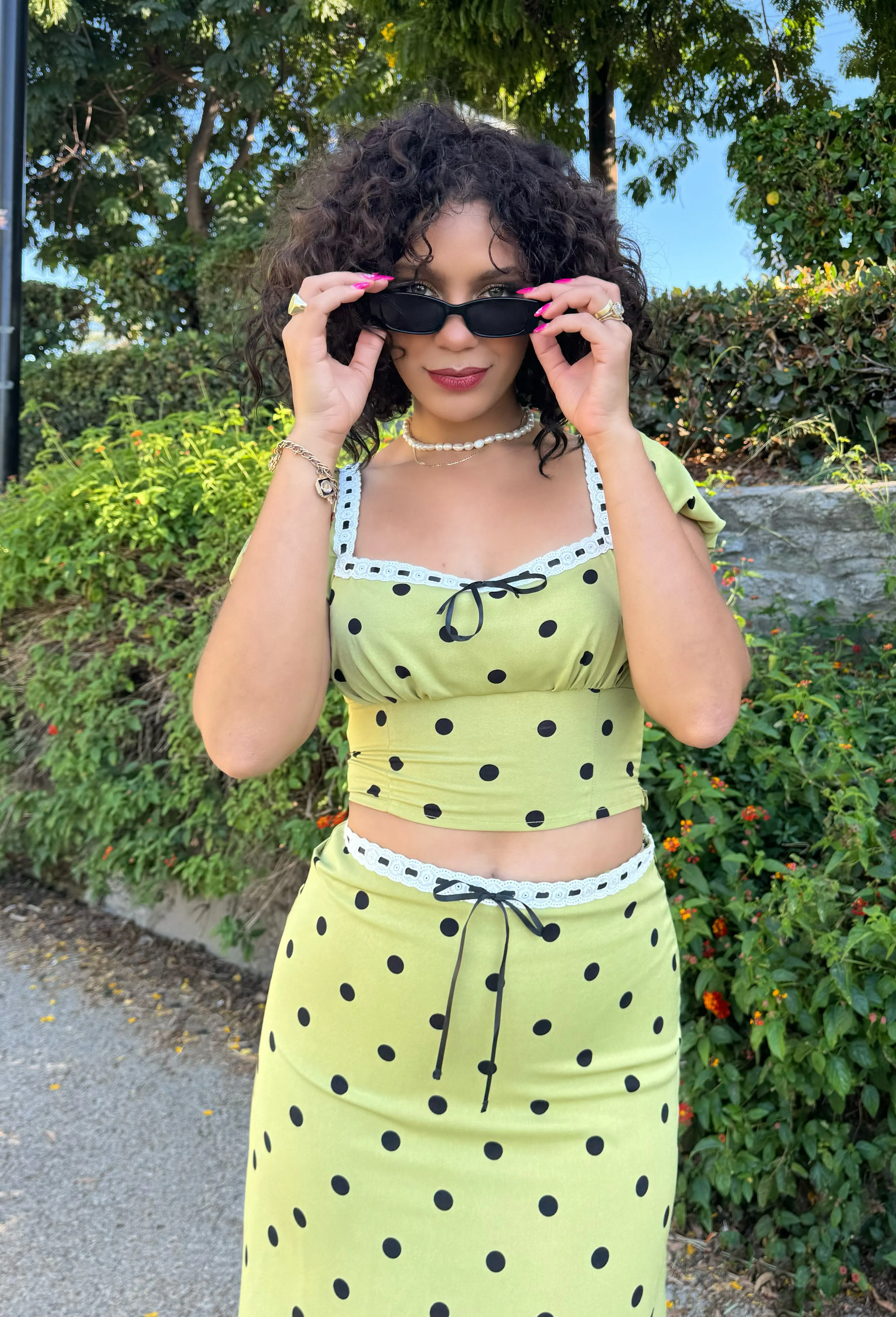 Sophia's Green Polka Dot Puff Sleeve Cropped Top