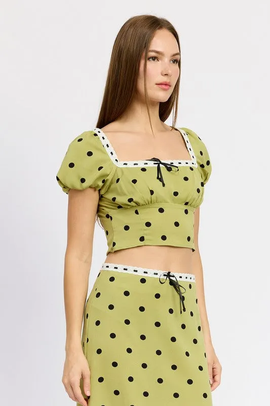 Sophia's Green Polka Dot Puff Sleeve Cropped Top