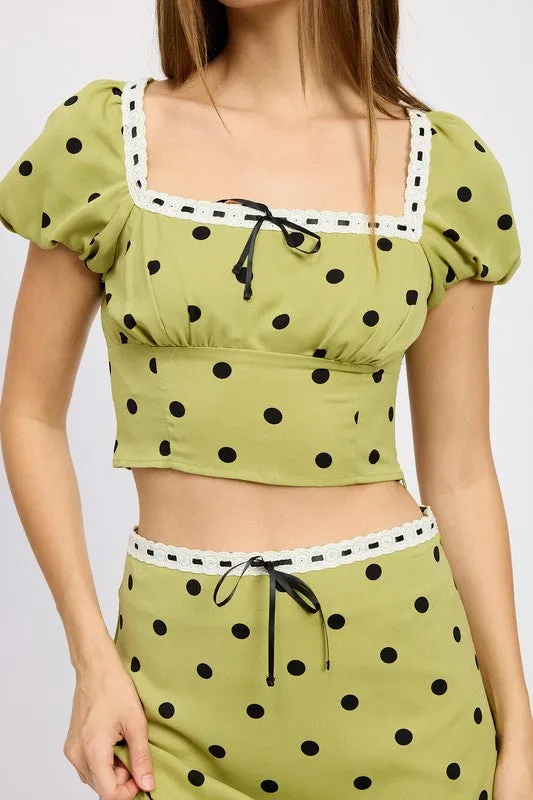 Sophia's Green Polka Dot Puff Sleeve Cropped Top