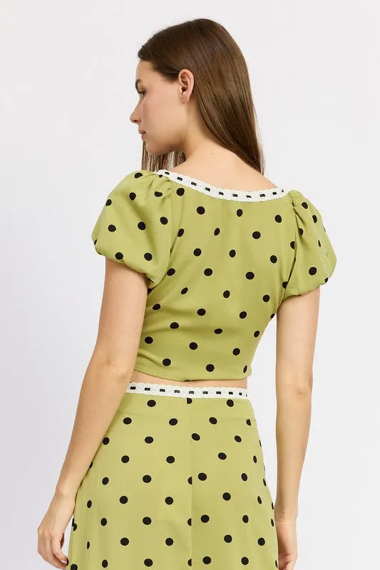 Sophia's Green Polka Dot Puff Sleeve Cropped Top