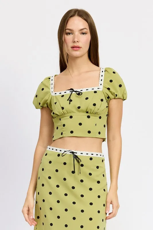 Sophia's Green Polka Dot Puff Sleeve Cropped Top