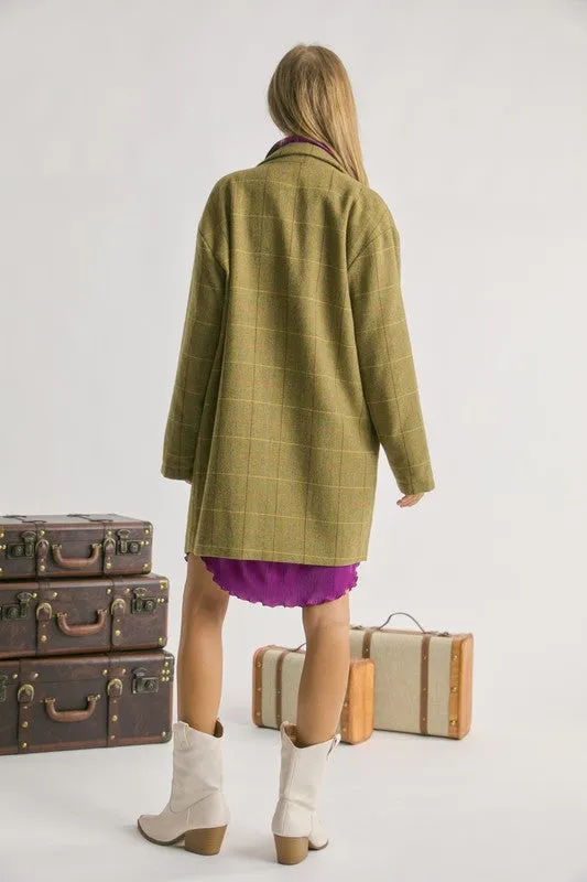 Split Pea Mid Length Tweed Plaid Coat