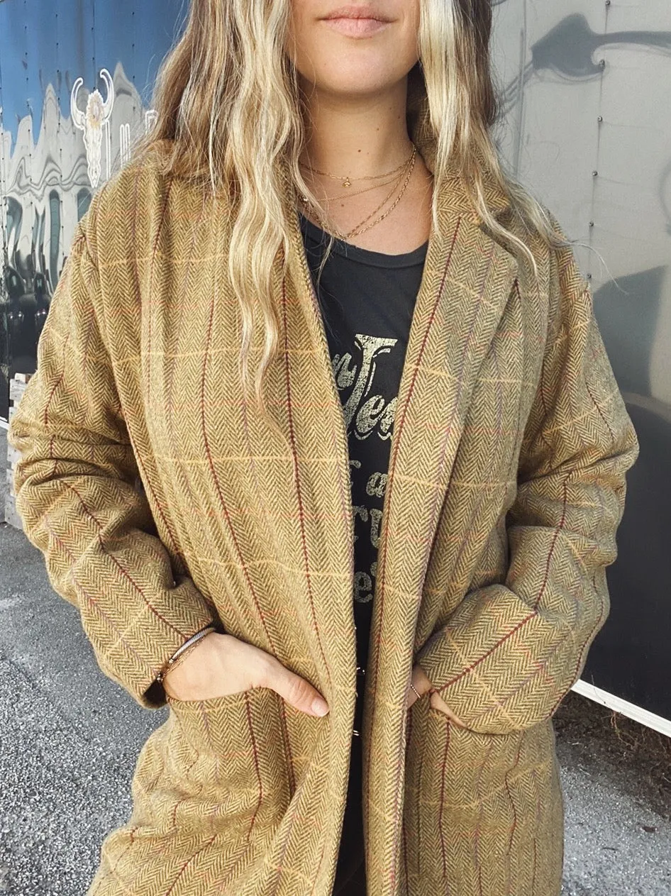 Split Pea Mid Length Tweed Plaid Coat