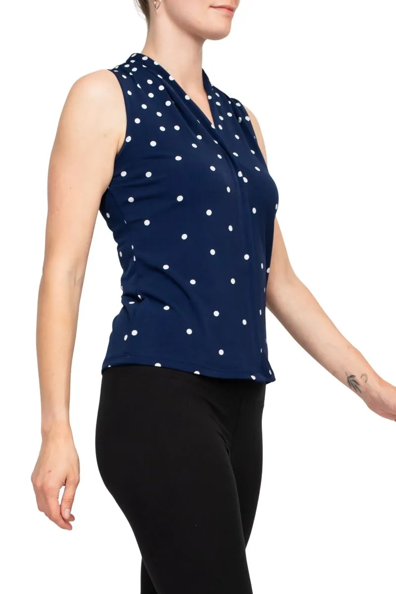 T Tahari Polka Dot Collared Neck Sleeveless Top