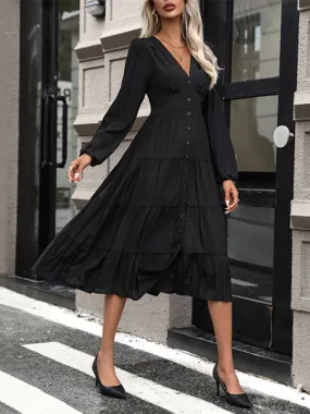 Tiered Solid A-Line Button-Up Midi Dress with Long Sleeves