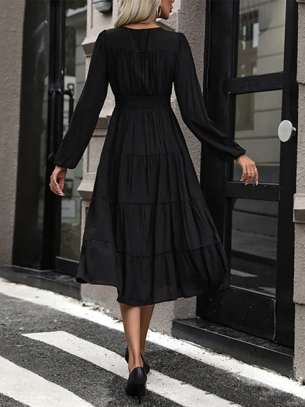 Tiered Solid A-Line Button-Up Midi Dress with Long Sleeves