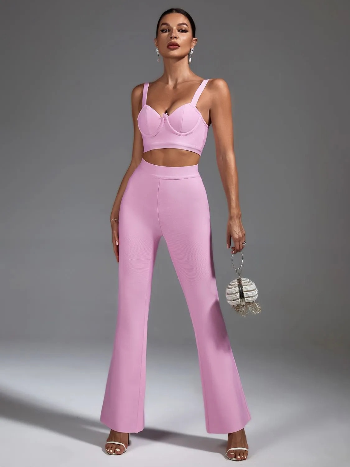 Two Piece Pink Top and Pants with Wide Leg Outfit