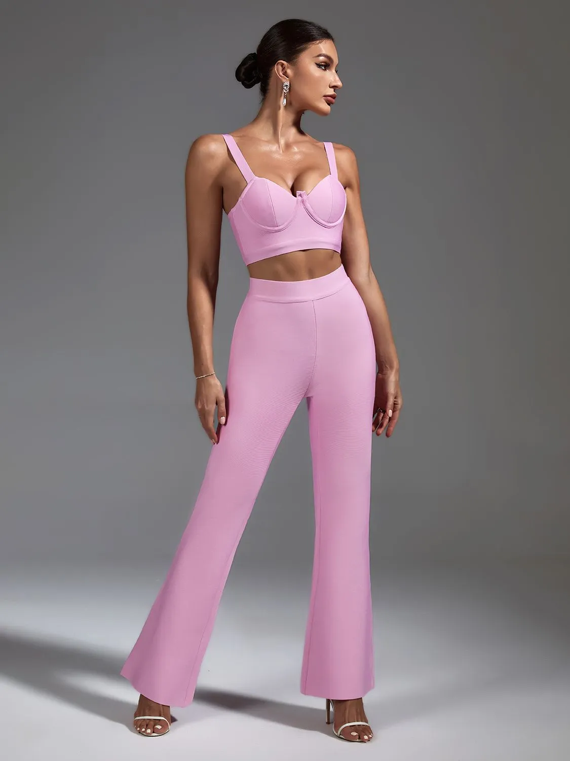 Two Piece Pink Top and Pants with Wide Leg Outfit