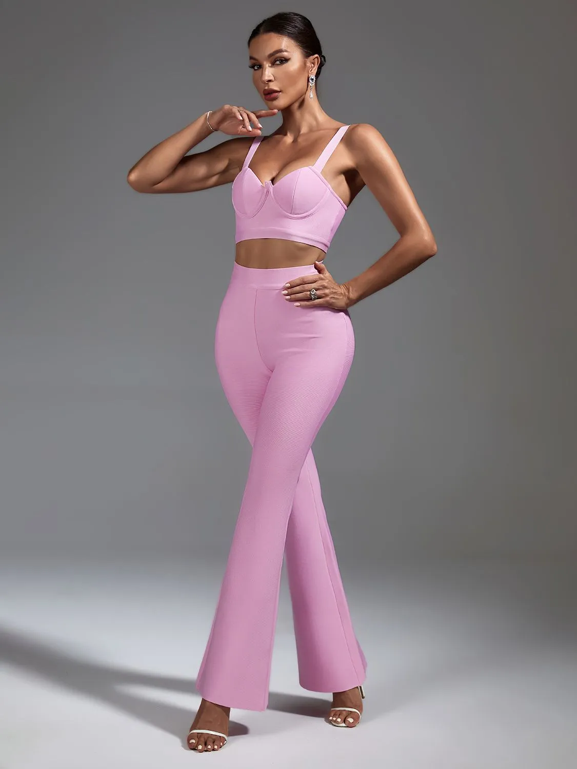 Two Piece Pink Top and Pants with Wide Leg Outfit