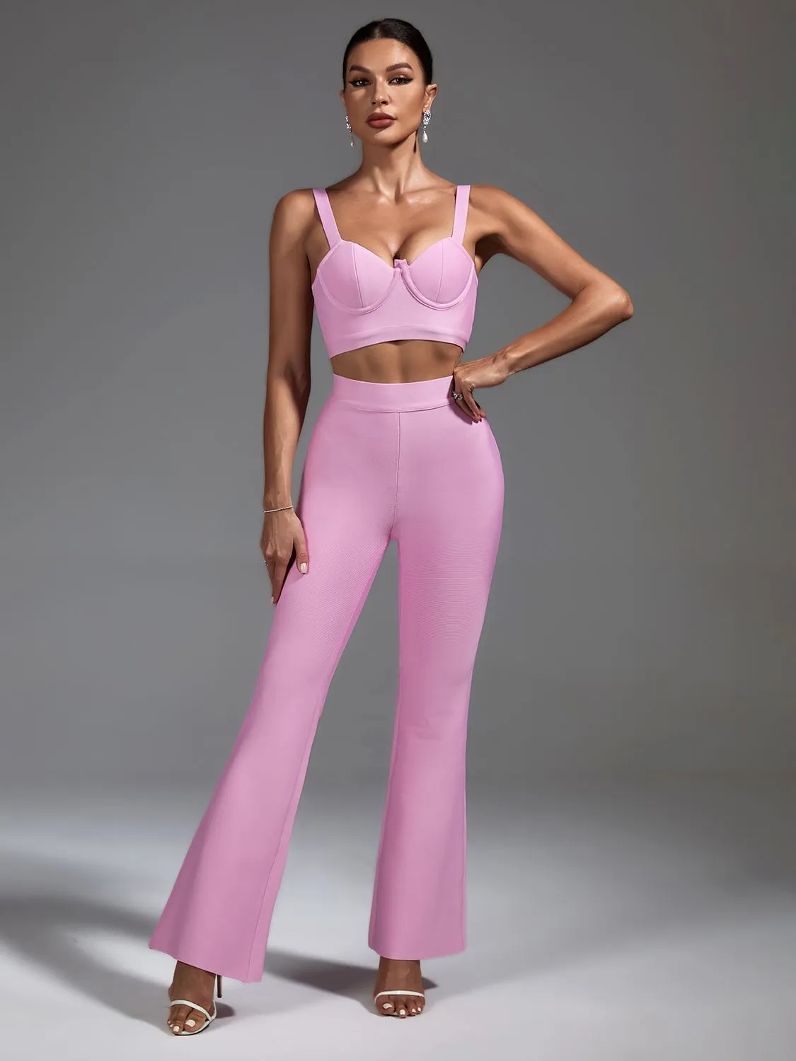 Two Piece Pink Top and Pants with Wide Leg Outfit