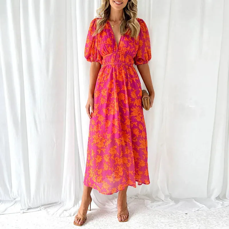 V Neck Print Pleated Waist Loose Puff Sleeve Fashion Lady Folds Ruffle Floral Bohemian Dress