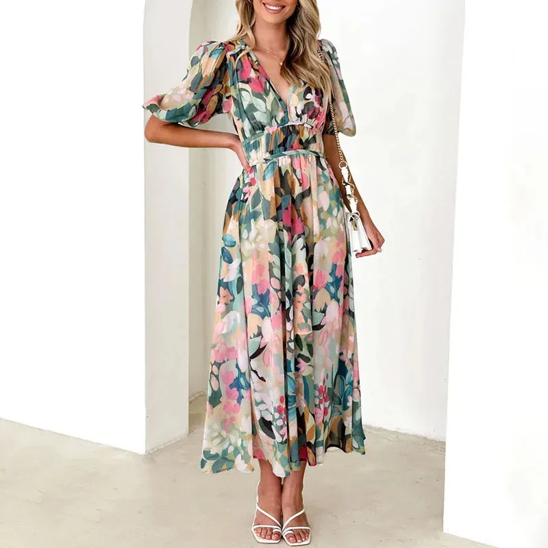 V Neck Print Pleated Waist Loose Puff Sleeve Fashion Lady Folds Ruffle Floral Bohemian Dress