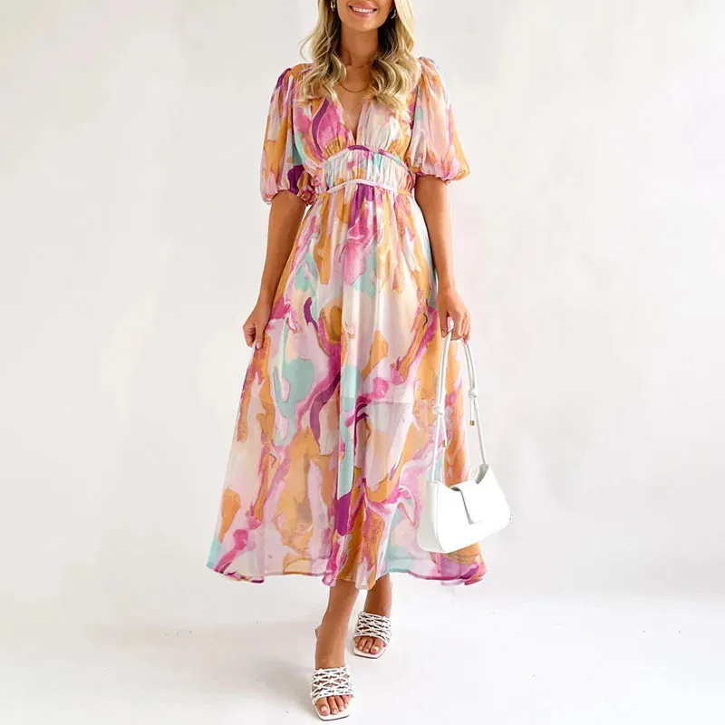 V Neck Print Pleated Waist Loose Puff Sleeve Fashion Lady Folds Ruffle Floral Bohemian Dress