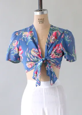 Vintage 1940s Floral Print Tie Front Top