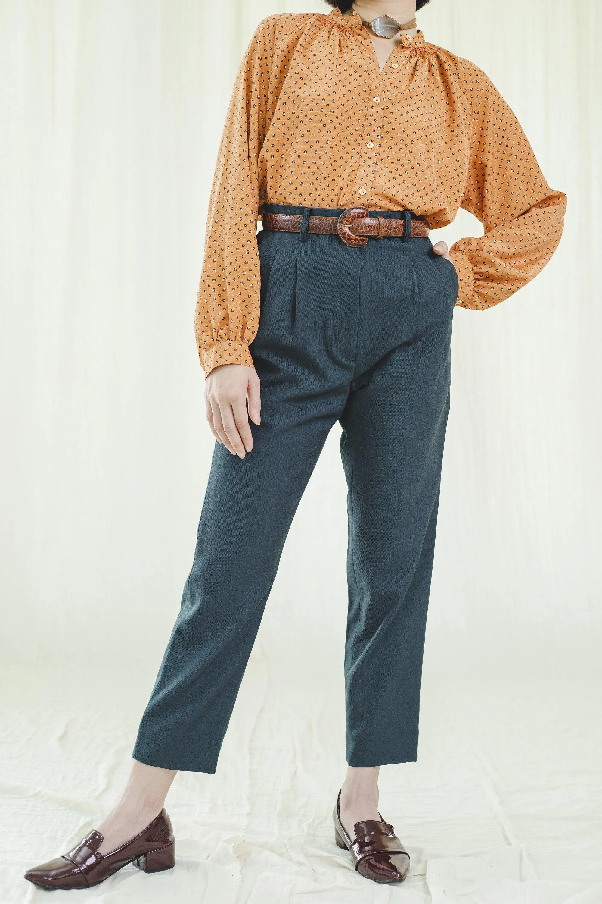 Vintage Green Polyester High Waisted Peg Trousers