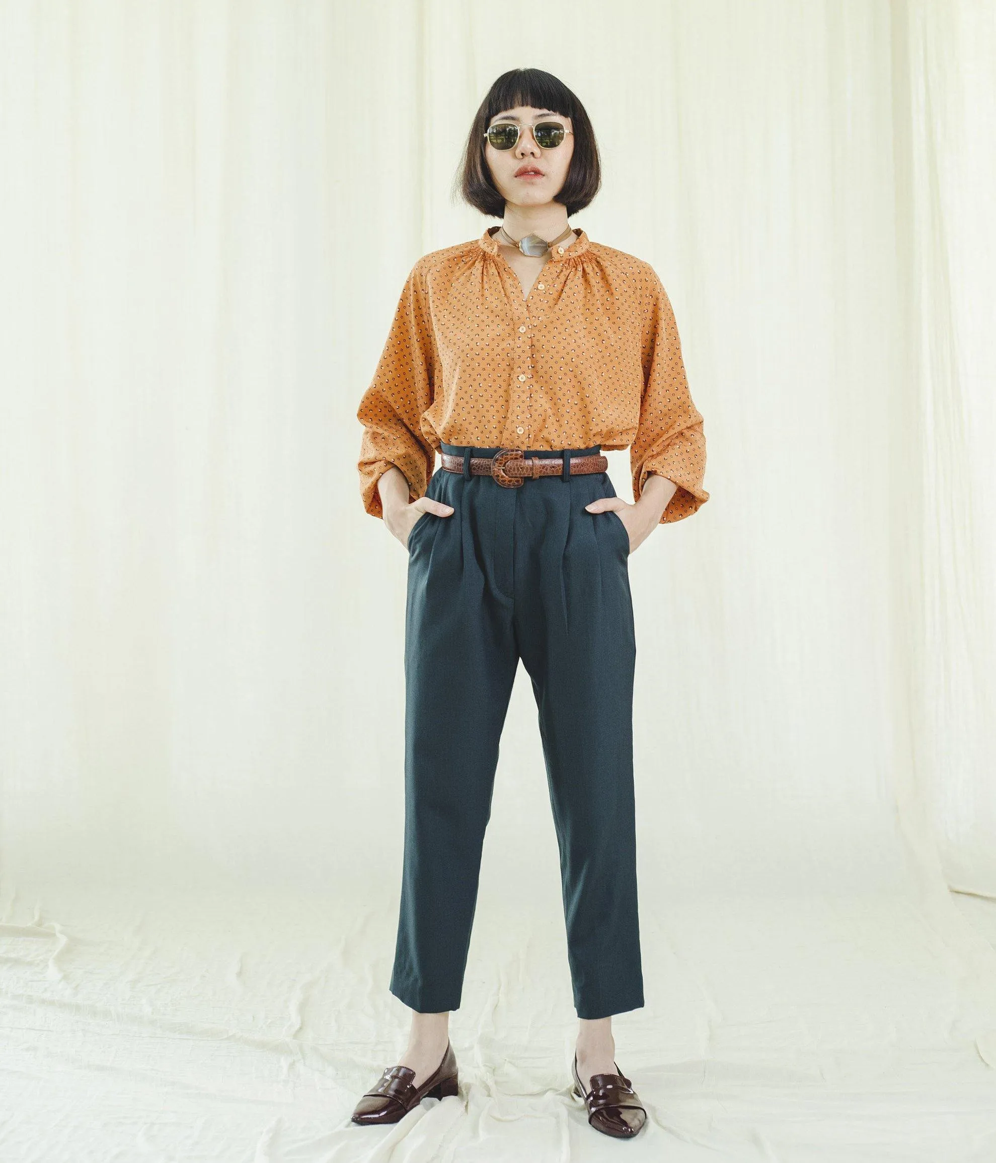 Vintage Green Polyester High Waisted Peg Trousers