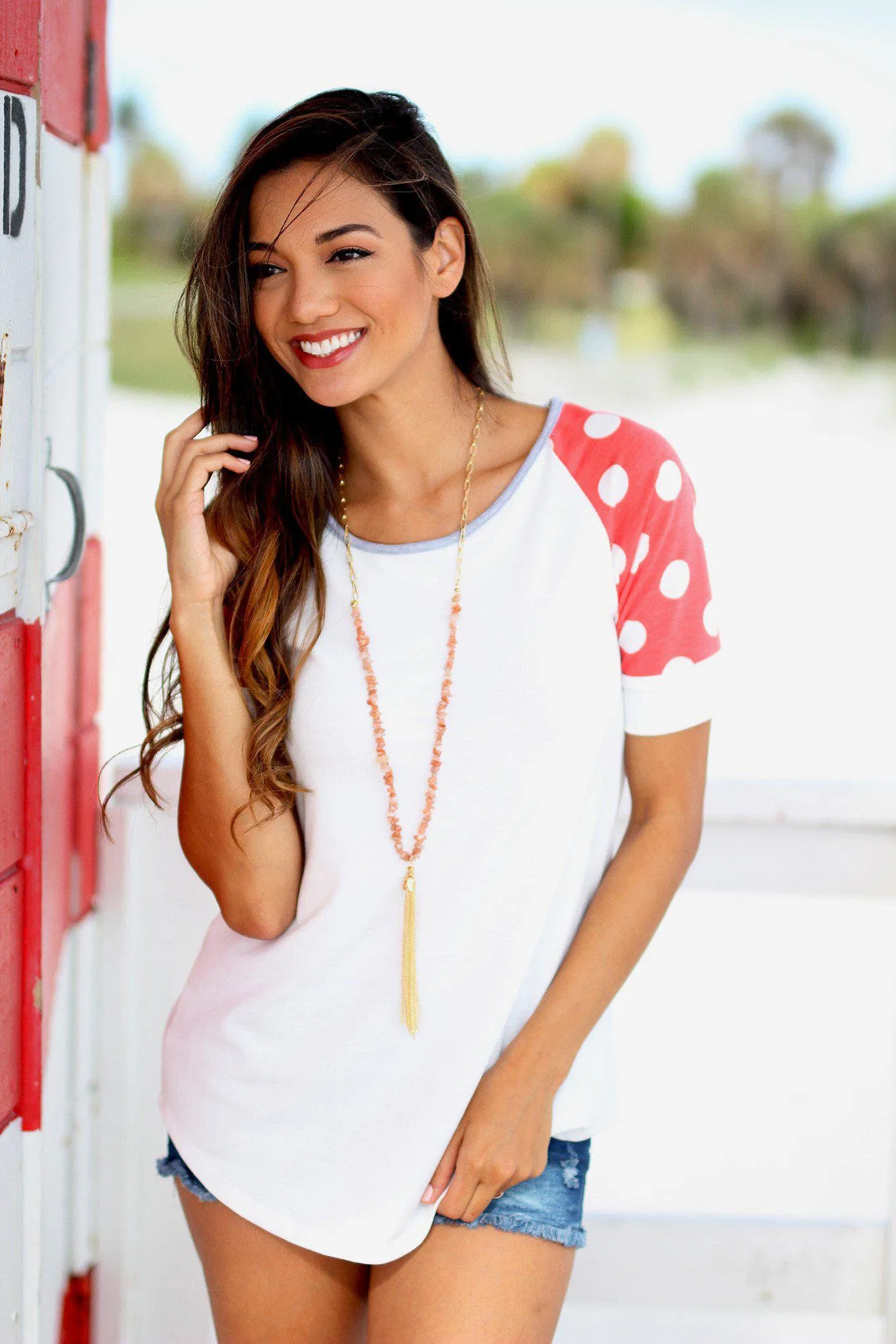 White and Coral Top with Polka Dot Sleeves