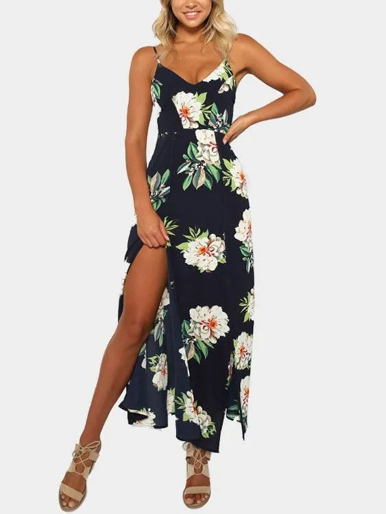 Wholesale Sleeveless Floral Print Backless Slit Hem Dresses