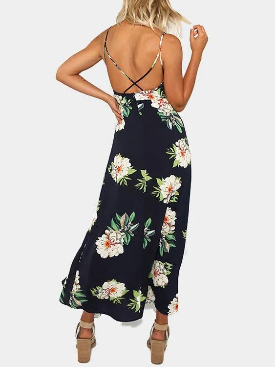 Wholesale Sleeveless Floral Print Backless Slit Hem Dresses