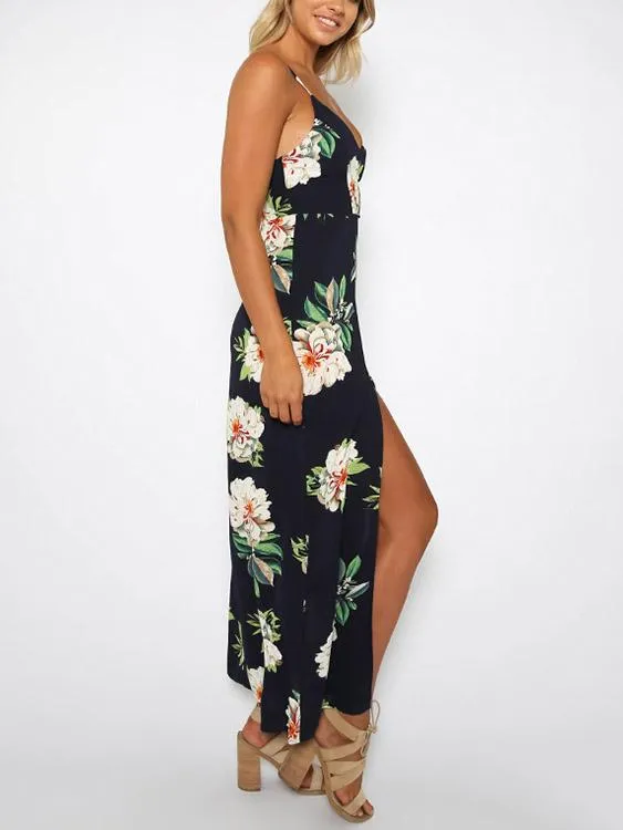 Wholesale Sleeveless Floral Print Backless Slit Hem Dresses