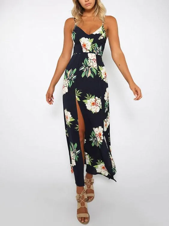 Wholesale Sleeveless Floral Print Backless Slit Hem Dresses