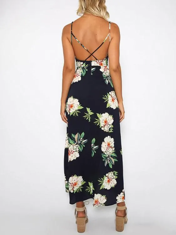 Wholesale Sleeveless Floral Print Backless Slit Hem Dresses