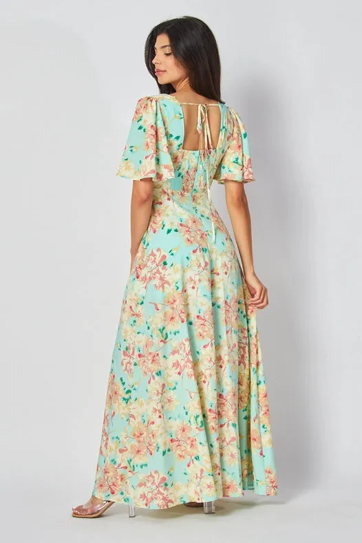 Women Woven Floral Print Short Sleeve V-Neck Maxi Dress Mint