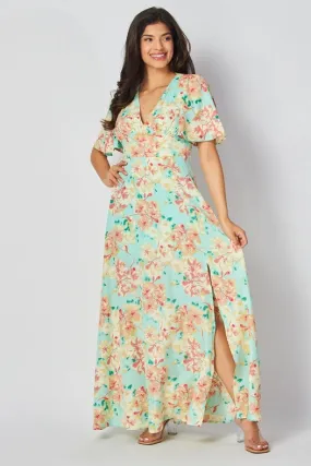 Women Woven Floral Print Short Sleeve V-Neck Maxi Dress Mint