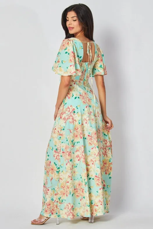 Women Woven Floral Print Short Sleeve V-Neck Maxi Dress Mint