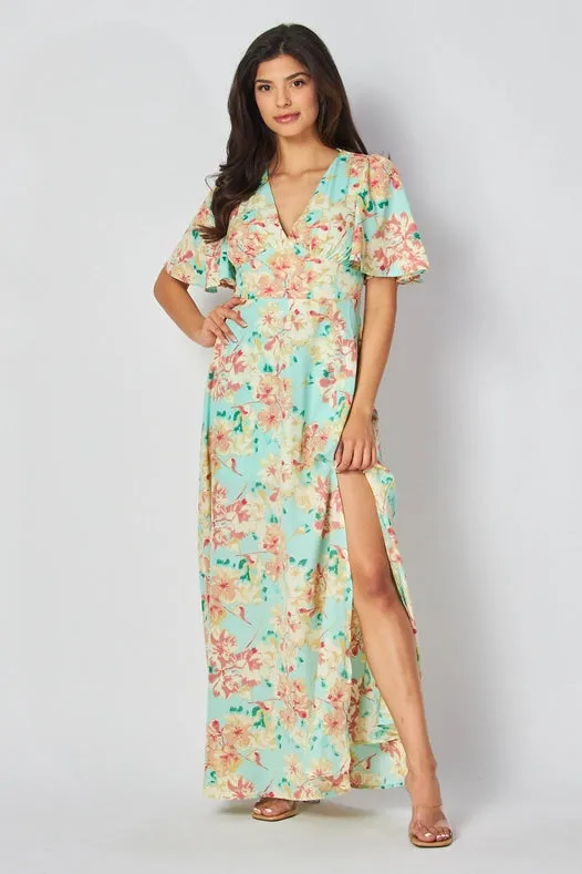 Women Woven Floral Print Short Sleeve V-Neck Maxi Dress Mint